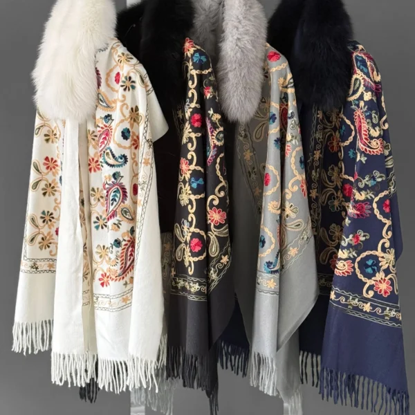 Thick Embroidered Wool-Blend Winter Shawl